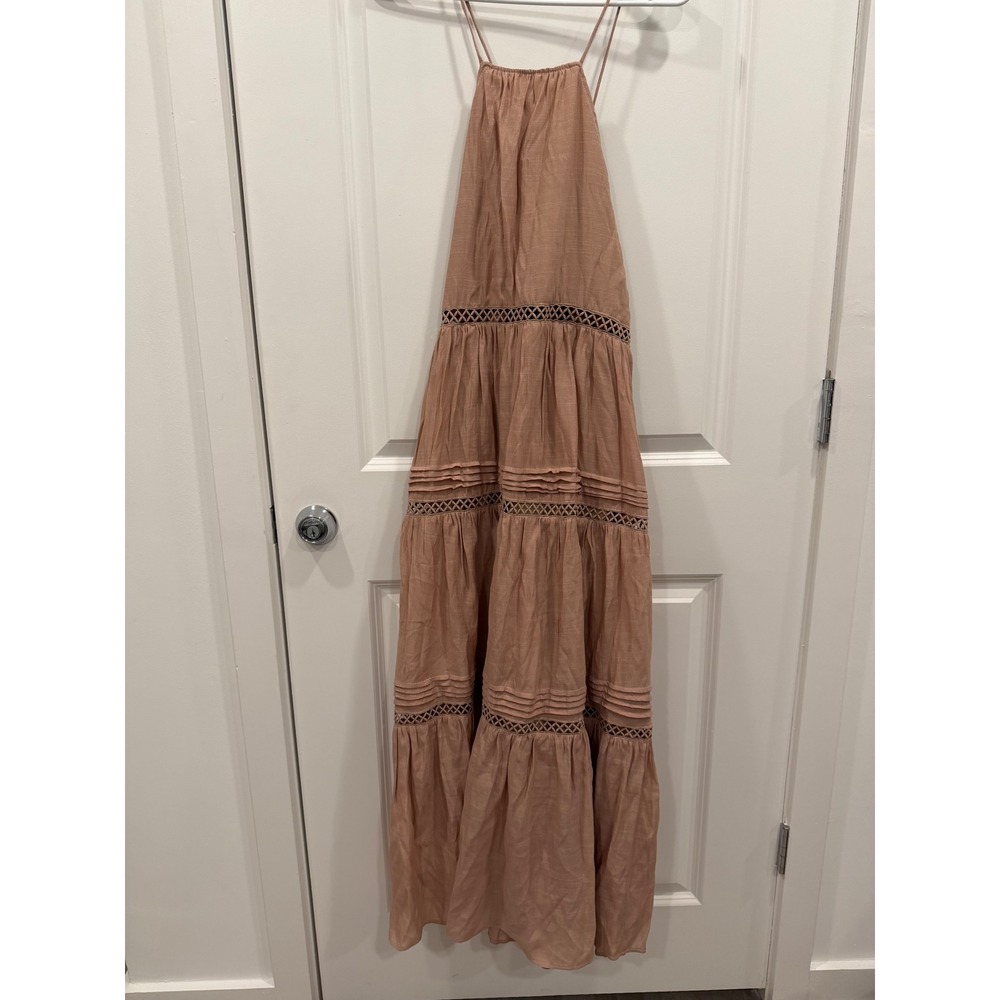 Dress Up Taupe Tiered Crochet Lace Halter Maxi Dress Open Back Small HF21C295